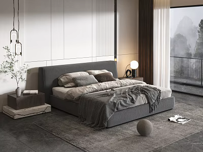 Modern Double Bed with Gray Bedding Pillows and Blanket Beside Lamp Plant Window and Mountain View 3d model