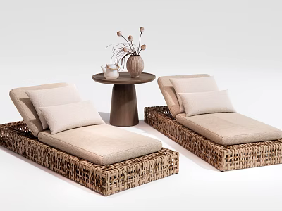 Wicker Lounge Chairs with Beige Cushions and Small Round Table with Vase and Flowers 3d model