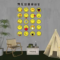 Sofa Background Wall Featuring Yellow Smiley Emojis Square Arranged Gray Background Green Plants Chair Tent