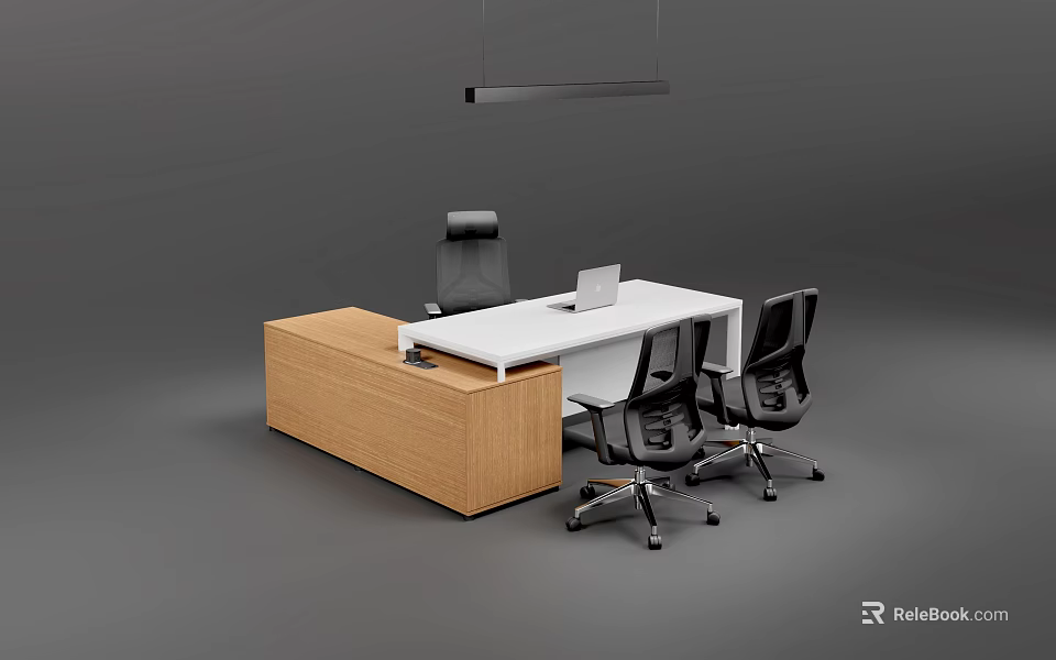 Modern Office Table and Chairs Set with White Top Black Seats and Wooden Cabinet 3d model 