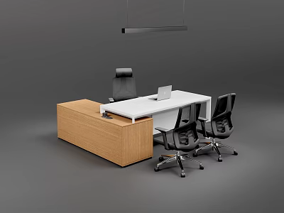 Modern Office Table and Chairs Set with White Top Black Seats and Wooden Cabinet 3d model