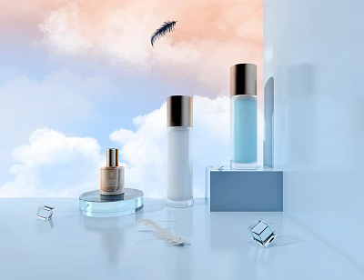 Elegant Perfume Cosmetics With Gold White Blue Bottles Feather Cloudy Background And Metal Accents 3d model