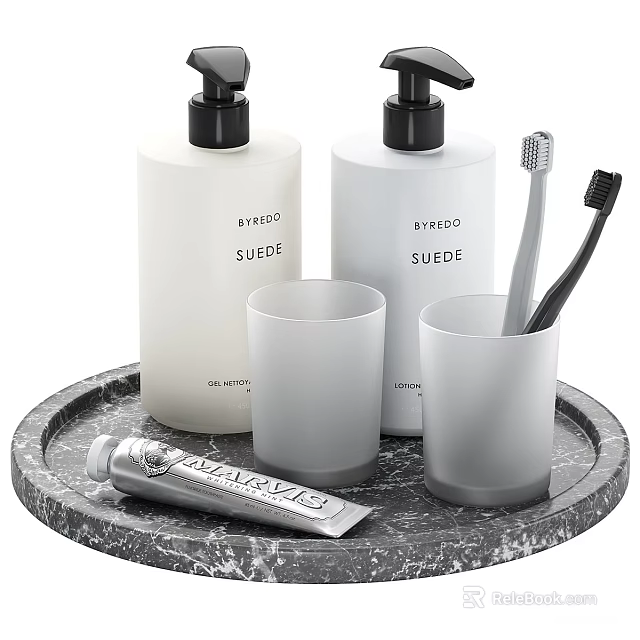 Bathroom Toiletries Set With Soap Dispensers Toothbrushes Toothpaste Cups And Marble Tray 3d model 