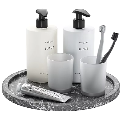 Bathroom Toiletries Set With Soap Dispensers Toothbrushes Toothpaste Cups And Marble Tray 3d model