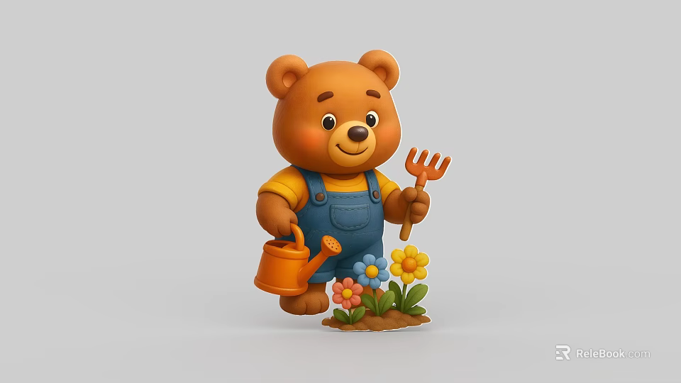 Cute Cartoon Bear Holding Watering Can Rake In Yellow Shirt Blue Overalls Near Flowers Soil 3d model 