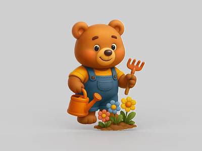 Cute Cartoon Bear Holding Watering Can Rake In Yellow Shirt Blue Overalls Near Flowers Soil 3d model