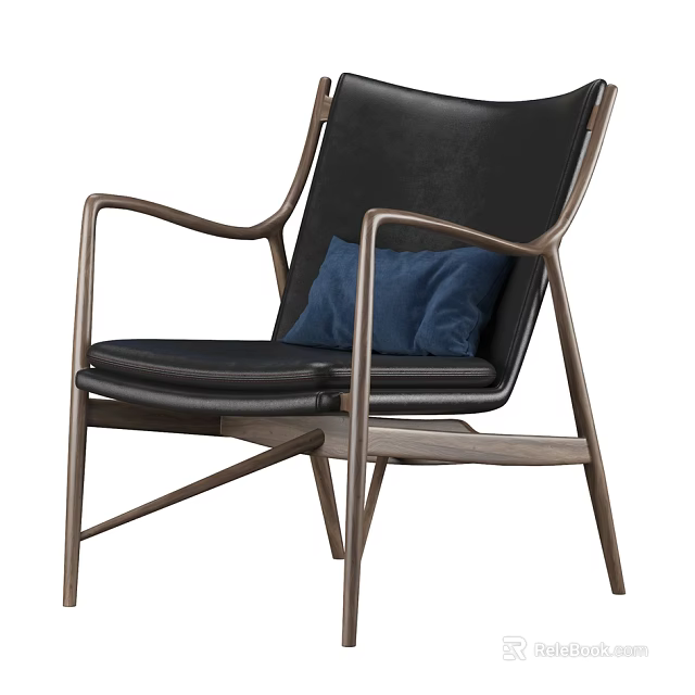 Modern Dining Chair With Wooden Frame Black Leather Seat And Blue Cushion 3d model 