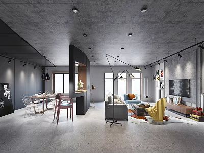 Modern Living And Dining Room Interior With Open Layout Sofa Dining Table Chairs And Lighting 3d model
