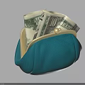 Teal Small Purse With Gold Clasp And US Dollar Bills Inside 3d model