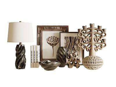 Stylish Decorative Ornament Set with Table Lamp Picture Frames Books and Natural Style Sculptures 3d model