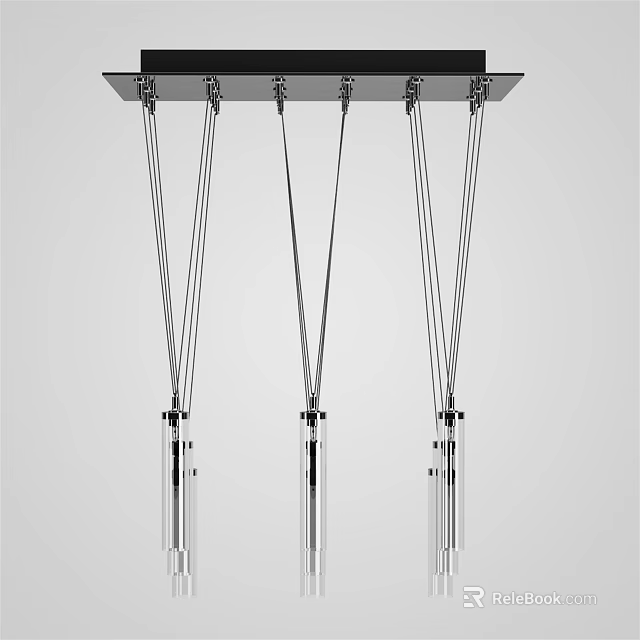 Modern Glass Hanging Chandelier With Multiple Cylindrical Lamps And Metal Suspension Wires 3d model 