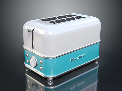 Vintage Style White And Blue Kitchen Toaster With Smooth Surface And Control Knobs 3d model