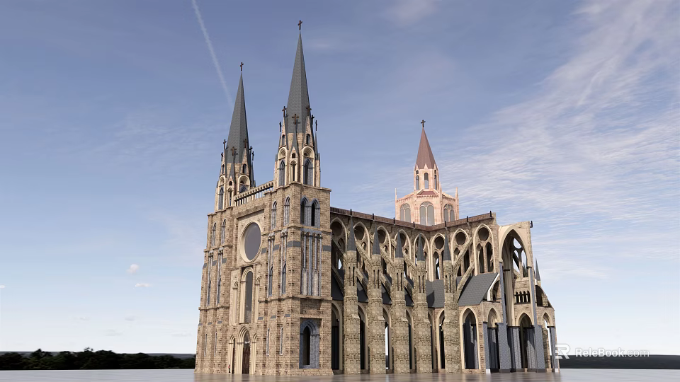 Historic Gothic Architecture With Spires Arched Windows Stone Structure Against Blue Sky 3d model 