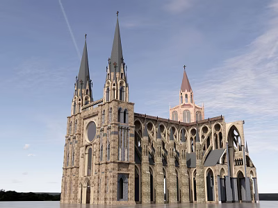 Historic Gothic Architecture With Spires Arched Windows Stone Structure Against Blue Sky 3d model