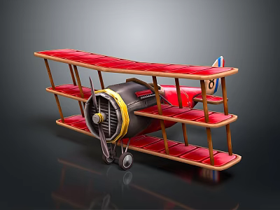 Vintage Biplane 3D Model With Red Wings Wooden Structure Black Yellow Fuselage And Propeller 3d model
