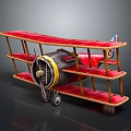 Vintage Biplane 3D Model With Red Wings Wooden Structure Black Yellow Fuselage And Propeller