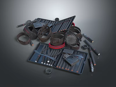 Dark Colored Household Supplies With Leather Belts Reels Tool Kits Pencils Rulers And Storage Trays 3d model