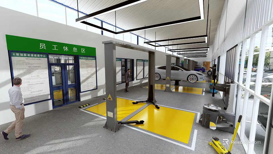 4S Shop Indoor Service Bay With Car Lift And Staff Rest Area 3d model 