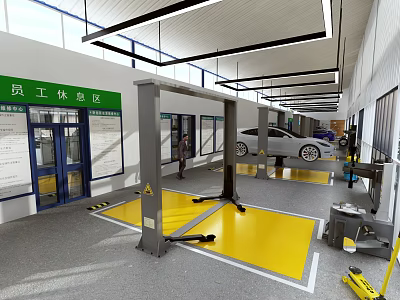 4S Shop Indoor Service Bay With Car Lift And Staff Rest Area 3d model