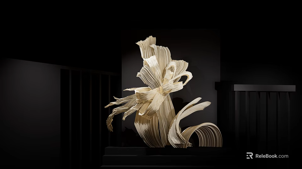 Abstract Wooden Sculpture With Layered Petals On Black Base In Exhibition Hall 3d model 