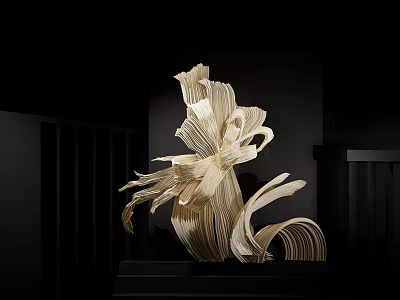 Abstract Wooden Sculpture With Layered Petals On Black Base In Exhibition Hall 3d model
