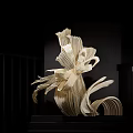 Abstract Wooden Sculpture With Layered Petals On Black Base In Exhibition Hall