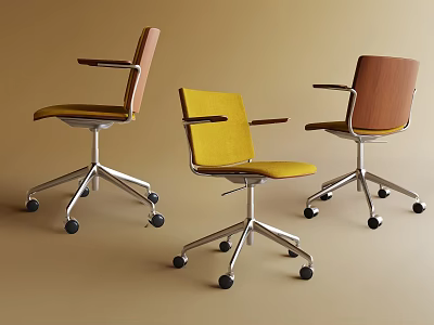 Three Modern Office Chairs With Yellow Brown Upholstery Armrests And Casters 3d model