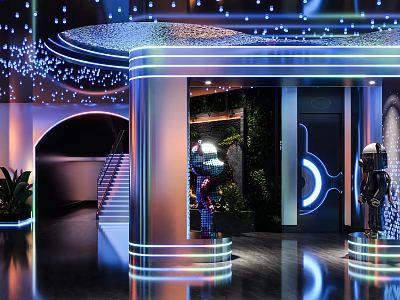 Futuristic KTV Lobby With Neon Lights And Robots 3d model