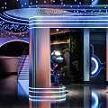 Futuristic KTV Lobby With Neon Lights And Robots