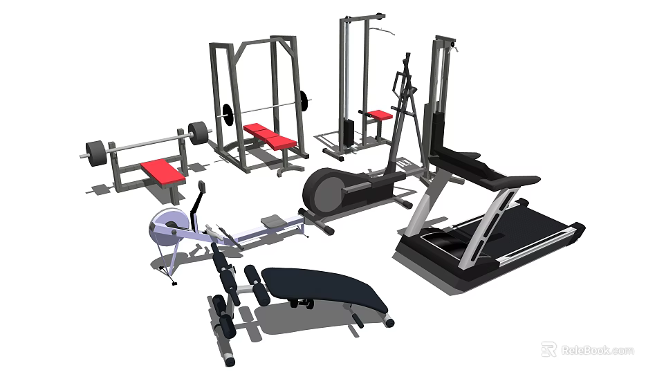 Essential Fitness Equipment Including Treadmill Dumbbells Weight Bench and Rowing Machine for Home Gym 3d model 