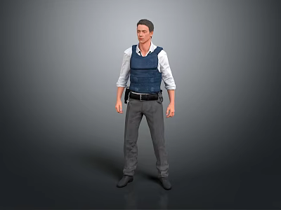 Man in Blue Vest White Shirt Gray Pants and Black Shoes Standing Against Gray Background 3d model