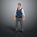 Man in Blue Vest White Shirt Gray Pants and Black Shoes Standing Against Gray Background