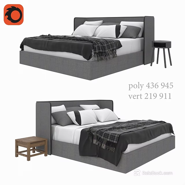 Modern Double Bed With Gray Frame Pillows Blanket And Wooden Side Table 3d model