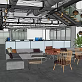 Modern Office Break Room With Sofa Tables Chairs Pendant Lights And Green Plants