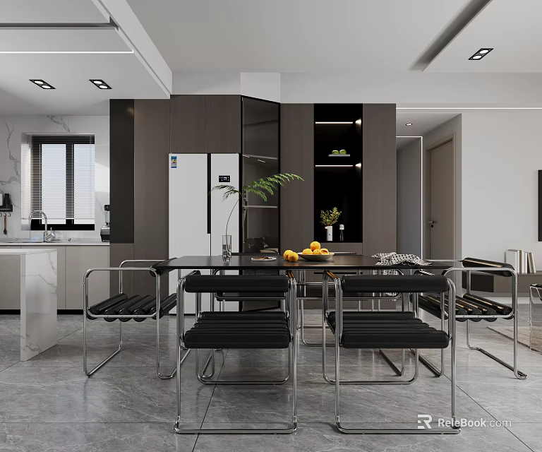 Modern Dining and Living Room Interior Design With Glass Table Metal Chairs And Decorative Plants 3d model 