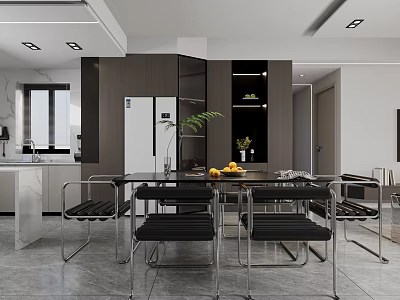 Modern Dining and Living Room Interior Design With Glass Table Metal Chairs And Decorative Plants 3d model