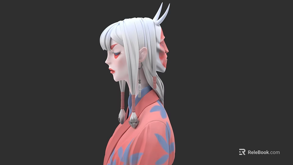 Woman With White Long Hair Horns And Long Earrings In Pink Kimono With Blue Patterns 3d model 
