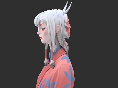 Woman With White Long Hair Horns And Long Earrings In Pink Kimono With Blue Patterns 3d model