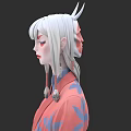 Woman With White Long Hair Horns And Long Earrings In Pink Kimono With Blue Patterns