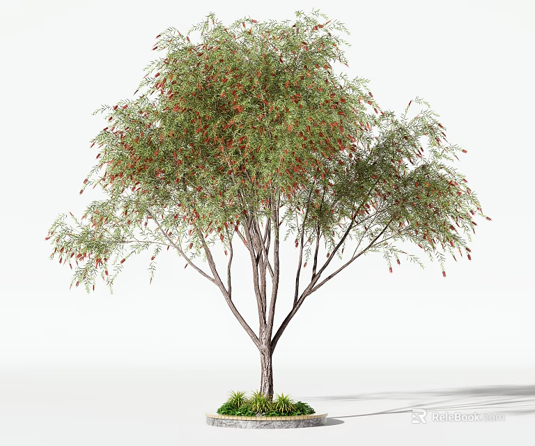 Lush Green Arbor with Red Blooms Brown Trunk and Circular Grass Base 3d model