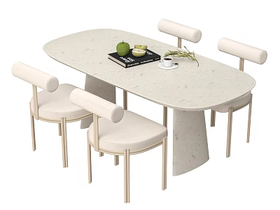 Modern Minimalist Dining Table Set With Oval Textured Top And Four Light Colored Chairs 3d model