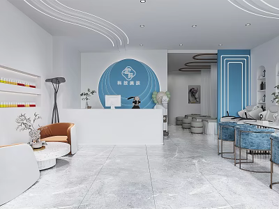 Modern Beauty Salon Interior With Blue Circular Logo White Reception Desk And Blue Decor 3d model