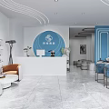 Modern Beauty Salon Interior With Blue Circular Logo White Reception Desk And Blue Decor