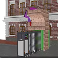 Red Brick Building Featuring Yellow Window Frames Electric Retractable Gate And Control Box 3d model
