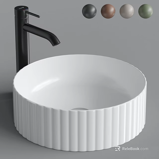 White Vertical Ribbed Ceramic Washbasin With Black Faucet And Modern Countertop Design 3d model 