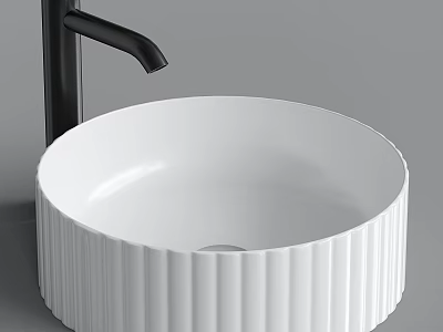 White Vertical Ribbed Ceramic Washbasin With Black Faucet And Modern Countertop Design 3d model