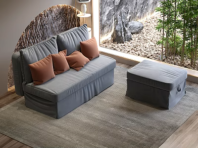 Gray Sofa Set with Brown Pillows Ottoman and Stone Landscape Window View 3d model