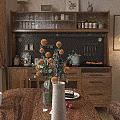 Wooden Sideboard with Perforated Panel Hanging Utensils Spices Bottles Kettle Glass Doors Drawers Oranges