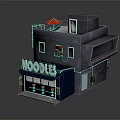 Noodle Shop Building With Neon Sign Red Umbrella On Terrace And Gray Exterior