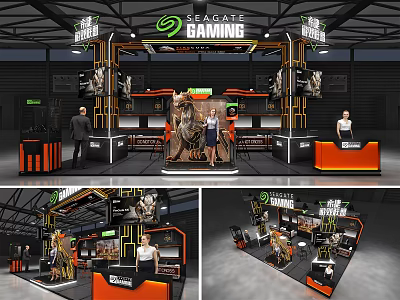 Progate Gaming Exhibition Booth With Modern Design Display Counters Brand Logos And Staff 3d model